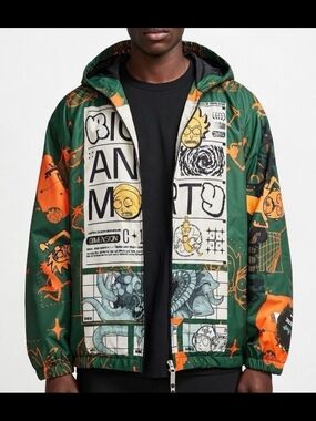 Green & Orange Graphic Hooded Jacket - Men. One Time Wear.